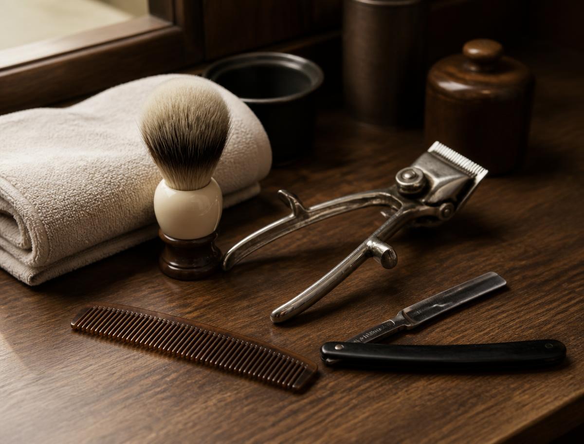 Clippers, a straight razor, comb, shaving brush and folded towel arranged on a walnut counter.